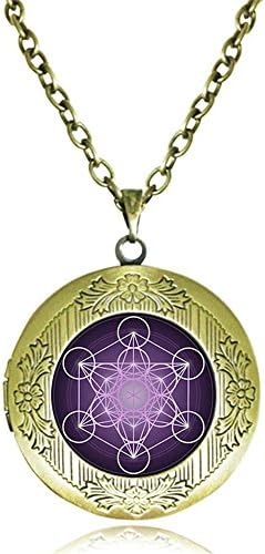 Purple Metatron's Cube Photo Locket Necklace Sacred Geometry Pendant Spiritual Flower of Life Jewelry (Green)