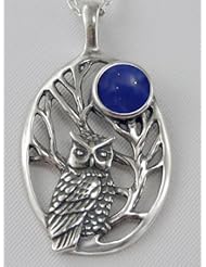 Silver Sacred Owl Pendant with Lapis Lazuli and Made in America