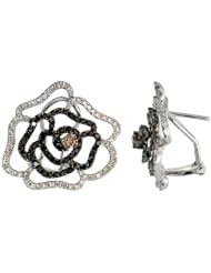 14k White Gold Large Flower French Clip Earrings, w/ 1.72 Carats Brilliant Cut White & Black Diamonds, 13/16" (21mm) tall