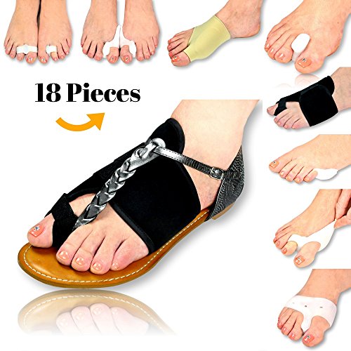 TOP RATED 18 PCS COMPLETE BUNION RELIEF SET - Bunion Pads, Tailors Bunion Pad, Bunion Splint, Bunion Toe Straightener, Bunion Shield, Bunion Toe Separator, Bunion Bootie & Bunion Sleeve