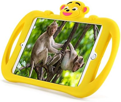 JUNCHI iPad Mini Case, For Kids Cute Monkey Design Shockproof Soft Silicone Portable Light Weight Case Cover for iPad Mini 3, iPad Mini Retina Display and iPad Mini with Two Carrying Handle (Yellow)