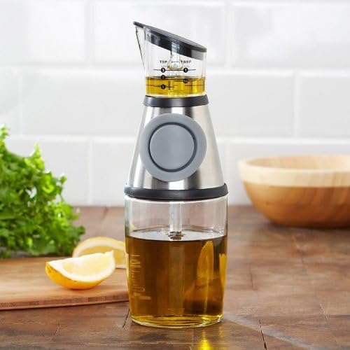 Press and Measure Olive Oil Glass Bottle (Bonus-Gift-Herb-Bag-Included) - Salad Dressing Dispenser Infuser - Vinegar Pourer 10 oz (Silver)