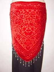 Red Burnout Velvet Triangular Hip Scarf/Shawl with Beaded Fringe