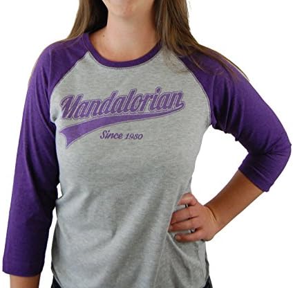 Mandalorian Baseball Tee Womens -Star Wars Inspired Fashion Purple and Grey with 3/4 sleeves (Large)