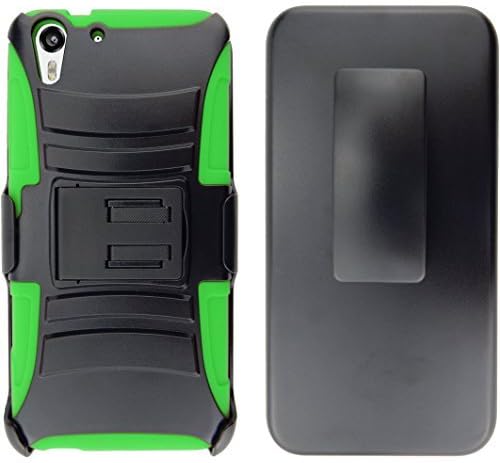 QualityStores® HTC Desire Eye Armor Series - Heavy Duty Dual Layer Holster Case Kick Stand with Locking Belt Swivel Clip (BLACK/GREEN)+ Cleaning Cloth