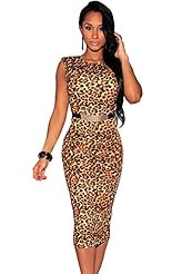 Sexy Leopard Print Cocktail Polyester/Spandex Belted Open-Back Sleeveless Party Dress/Midi Dress 