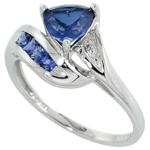 10k White Gold Trillion Ring, w  Brilliant Cut Diamonds and Lab Created Dark... by 