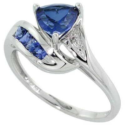 10k White Gold Ring, w/ Brilliant Cut Diamonds & Lab Created Blue Sapphire Stones, 3/8