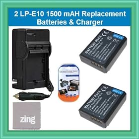 2 Canon LP-E10 1500 mAH Replacement Batteries and Charger Kit for EOS 1100D, EOS Rebel T3, EOS Kiss X50