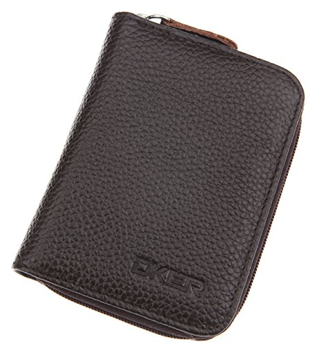 DEEZOMO Genuine Leather Mini Credit Card & Coin Wallet with Zipper for Men and Women - Coffee