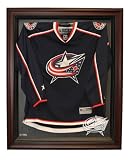 Columbus Blue Jackets Hockey Jersey Display Case, Removable Face with Mahogany Finish Frame
