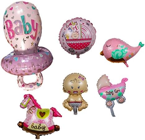 Newborn Princess Baby Girl Shower Balloon - Set of 6 Foil Mylar Helium Cute Kid Babies Stroller Rocking Horse Bird Pacifier Round Pram Ballon Idea For Pink Party Invitation Photography