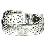 New White Rhinestone Studded Crown Leather Belt L 38 40