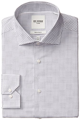 Ben Sherman Men's Black and White Dobby Windowpane, Black, 16.5x34/35