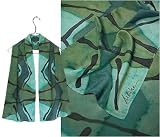 ULRIKE Oblong Flat Crepe Silk Scarf - A zigzag design in teals, turquoise, olives, greens, and sage with black overlay brushwork.