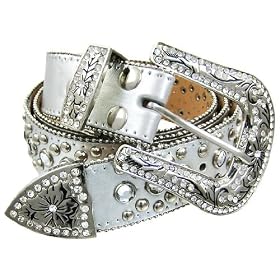 Crystal Rhinestone Studded Silver Leather Western Belt