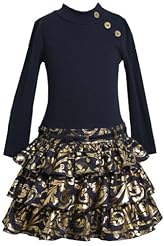 Girls General Print Long Sleeves Turtleneck Tiered Belted  Cotton/Denim/Metallic/Polyester/Spandex/Knit Dropped   Waistline Knee Length  Dress With Ruffles
