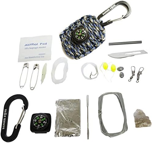 DANGER ZONE Ultimate Pararord Survival Grenade Kit with Fire Starter, Compass, Fishing Gears, Swivel, Alcohol pad, Tinder, Foil, Blade, Carabiner, Iron Wire, Needle, Pins. COLOR: Blue Camo
