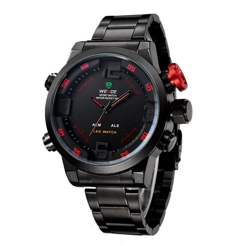 Weide Mens Sports Black Dial Dual Time Red Number Display Black Stainless Steel Wrist Watch
