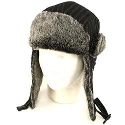 Pinstripe Wool Faux Fur Trooper Ski Hat Cap Black with White L/XL