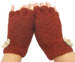 Handmade Artisan Pure Alpaca Natural Fiber Fingerless Gloves - Cinnamon Brick (100% Knitted By Hand)