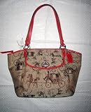 Coach Horse & Carriage Leah Khaki / Cherry Red Signature Tote Handbag 14665