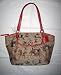 Coach Horse & Carriage Leah Khaki / Cherry Red Signature Tote Handbag 14665