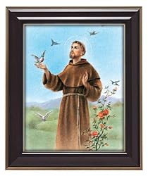 Saint Francis of Assisi in Gloss Walnut Wood Frame with Gold Trim, 10.75" x 12.75" - MADE IN ITALY
