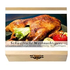 Gaumenfreude - SCHW�BISCHE WEIHNACHTSGANS Gew�rzset und Rezept f�r eine schw�bische Weihnachtsgans. 8 Gew�rze befinden sich in einem dekorativen Holzkasten. -- Beinhaltet die Geschichte des Gerichtes, eine Inhaltsbeschreibung der Gew�rze, das Originalrezept und eine Einkaufliste. Ein ideales Geschenk f�r Kochk�nstler & Hobbyk�che, solche, die es werden wollen und alle, die neugierig auf fremde Welten sind. Ma�e: 11,4 x 9,5 cm, 3,4 cm hoch