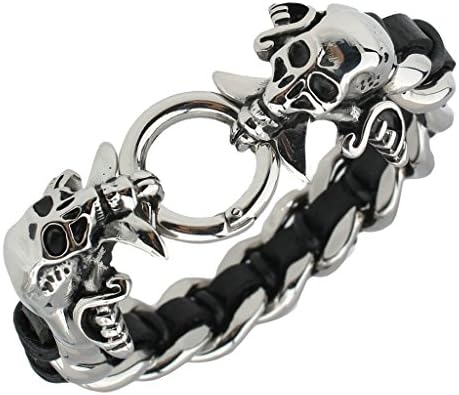 Beydodo Men Stainless Steel Bracelet Genuine Leather Braid Chain Pirate Skull, Black, 211.5CM, 86G