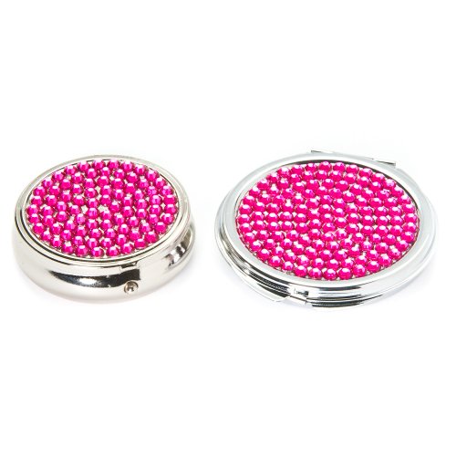 2 X Hot Pink Crystal Set : Round Pill Box & Cosmetic Mirror