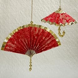 Asian Fusion Red & Gold Floral Fan Christmas Ornament