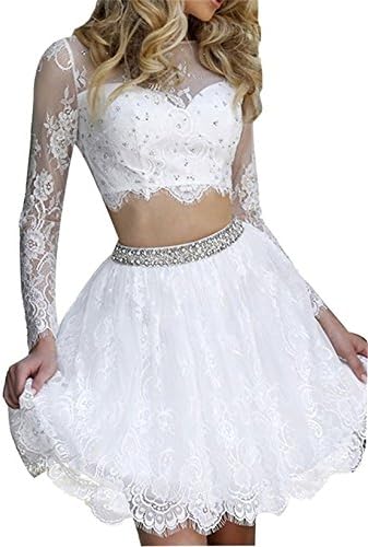 Women's Scoop Neck Two Pieces Puffy Prom Dress With Long Sleeve