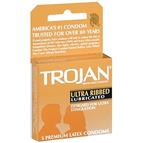 Trojan Ultra Ribbed Lubricated Latex Condoms, 3-Count Box