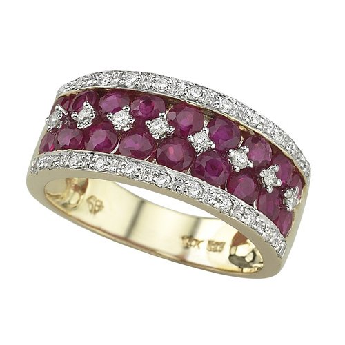 14K Yellow Gold 1/4 ct. Diamond with Alternating 2 1/5 ct. Ruby Ring