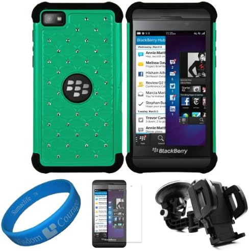 (Teal Green) Studded Diamond Hybrid Faceplate Cover w/ Black Silicone Skin for BlackBerry Z10 4G LTE Smart Phone + Clear Anti Glare Screen Protector Strip w/ Cleaning Cloth + Universal Windshield Mount Holder with Suction Cup Holder