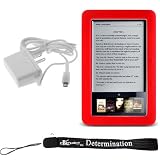 Slim High Quality Durable Silicone Skin Case Custom Made For Barnes & Noble Nook eBook Reader (RED) + Includes a 4-Inch eBigvalue Determination Hand Strap + Easy Travel Home Wall Charger