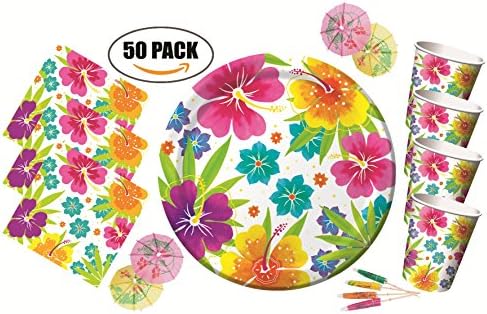 Tropical Luau Hawaiian Party Pack - Tableware for 50 Guests and Decoration - Plates, Cups, Napkins and Paper Cocktail Parasols
