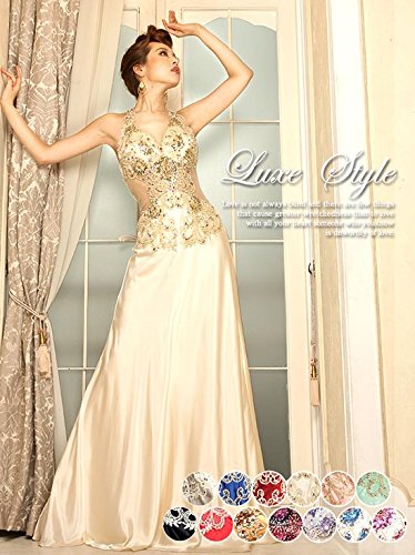 (リュクススタイル) LuxeStyle 豪華ビジュー付きウエスト透けホルターサテンロングドレス