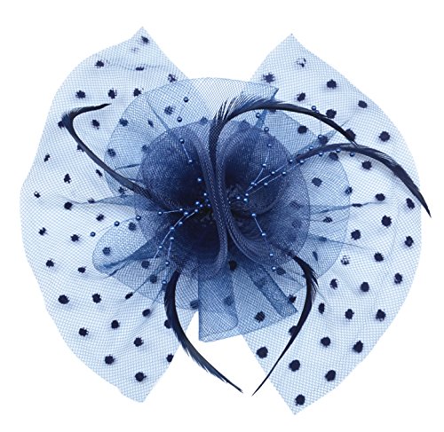 Womens Big Flower Mesh Feather on Hair Clip Headwear Fascinator (C-Navy Blue)