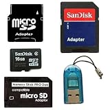 Sandisk 16GB Micro SD Memory Card + MiniSD, SD & Memory Stick PRO DUO ADAPTERS + MicroSDHC USB READER
