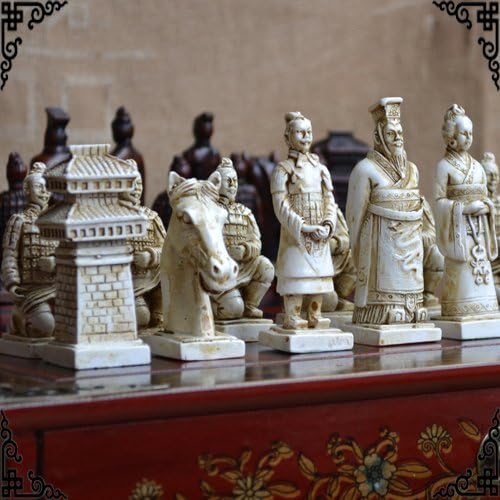 Chinoiserie Classic Terra Cotta Warriors Collection Wooden Chess Set and a Flat Chess Board with Storage Drawer in Solid Hard Rosewood - Handmade Wooden Traveling and Indoor Family Board Games and Gifts