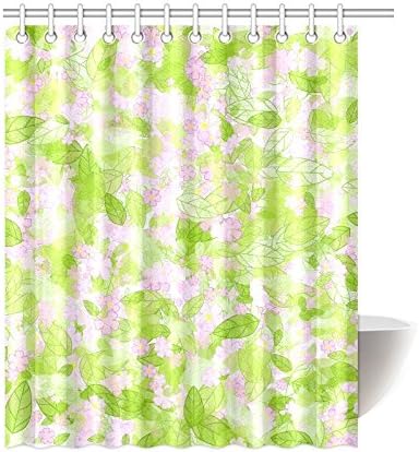 POEENG Custom Spring Green Leaves And Pink Flowers Waterproof Polyester Shower Curtain 66"x72"