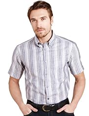 2" Longer Blue Harbour Linen Blend Bold Striped Shirt