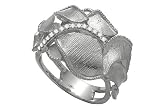 14K White Gold Hand-Crafted Matte-Finish Designer Flower Ring, Enhanced with Pave Set Diamonds.