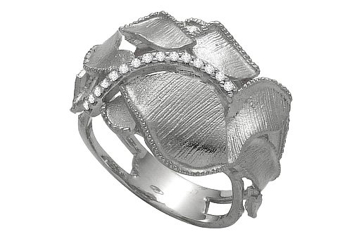 14K White Gold Hand-Crafted Matte-Finish Designer Flower Ring, Enhanced with Pave Set Diamonds.