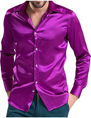 Spinty Mens Silk Satin Slim Fit Long Sleeve Dress Shirt Purple