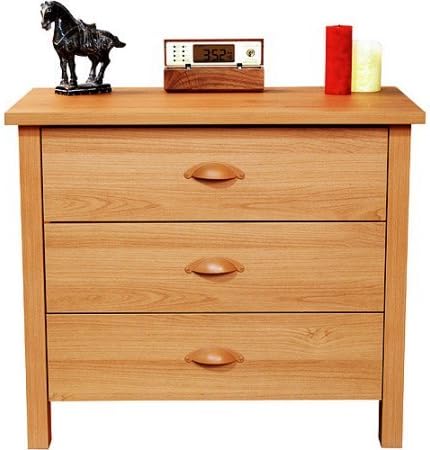 3-Drawer Dresser Nightstand Laminated Oak Wood Composites Clothes Accessories Home Decor Display Storage Organizer Cabinet Furniture for Dorm, Bedroom, Pad -Dimensions: 24"H x 28"W x16" D Inches