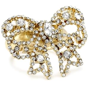 Betsey Johnson "Iconic Vintage Hearts" Crystal Bow Stretch Ring, Size 7.5