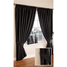 Purity Black Lined Faux Silk Ready Made Curtain Pair 46" x 54" Size Including Tie-Backs